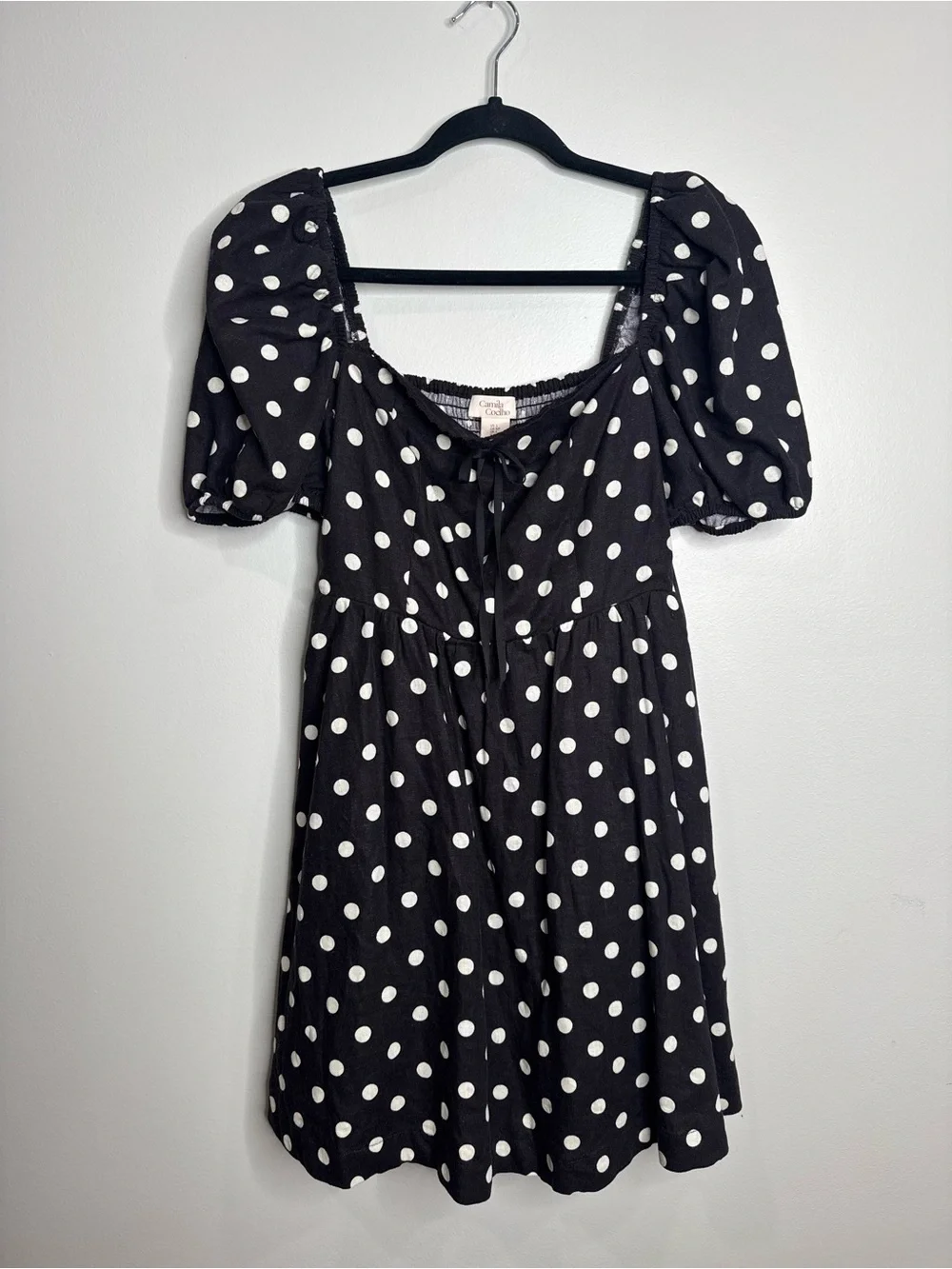 Camila Coelho Black White Polka Dot Milkmaid Puff Sleeve Mini Dress Linen Small